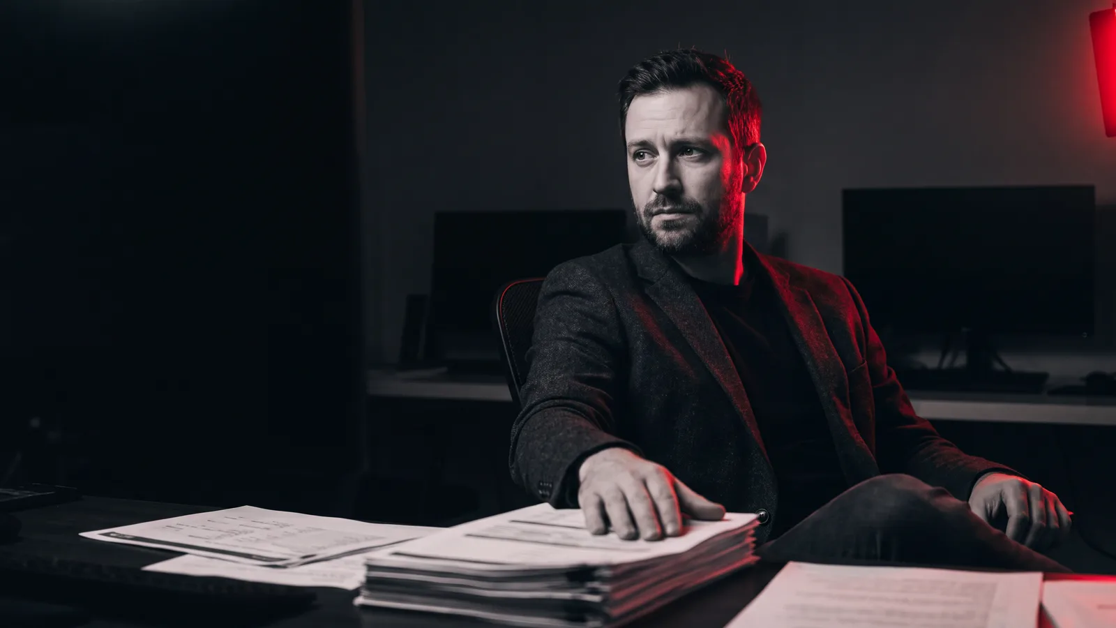 An SEO specialist sitting back from a stack of printed link reports, unconvinced